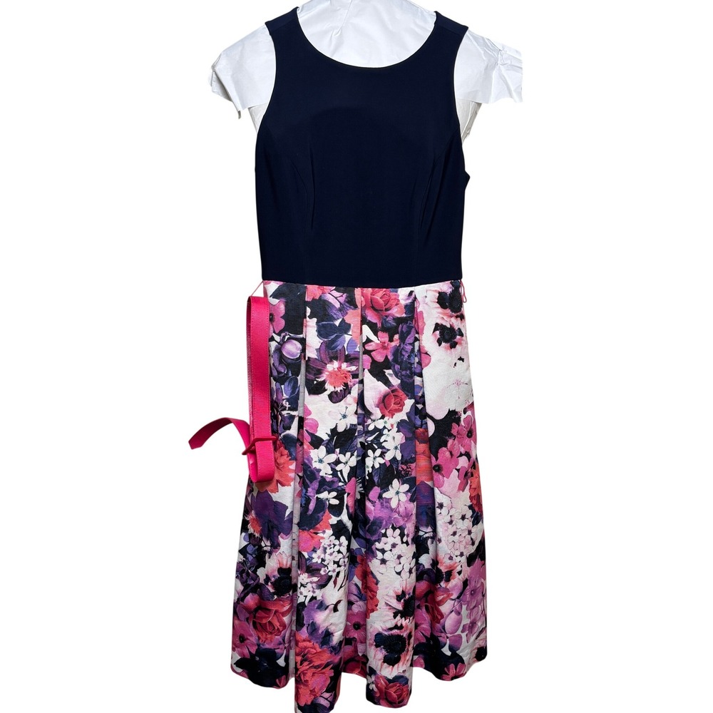 Eliza J Navy Pink Floral Pleated Skirt Belt Sleeveless Fit & Flare Dress Women 2